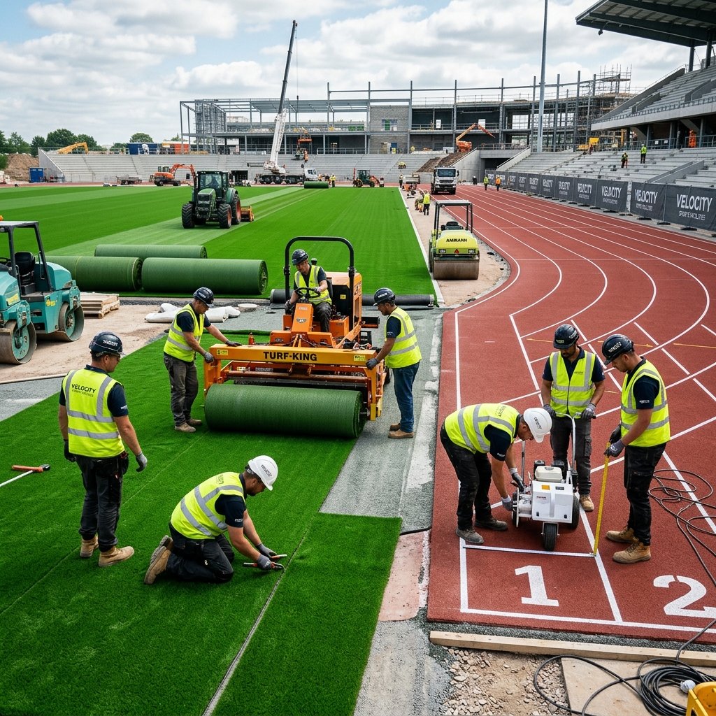 Professional crew laying out premium green sports turf field