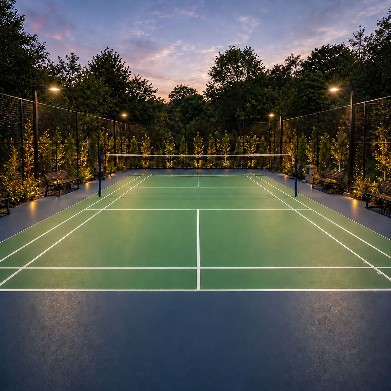 Brand new blue tennis court after Elite restoration