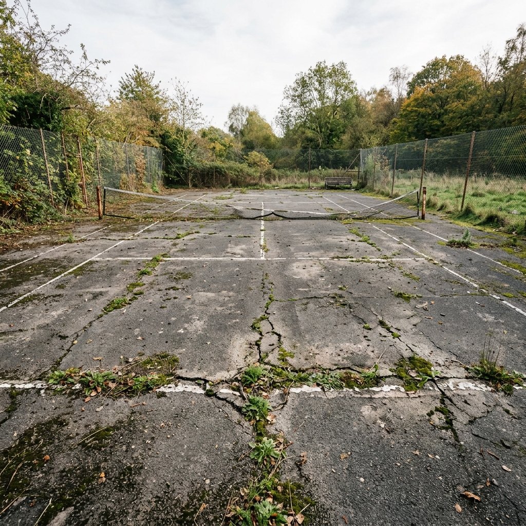 Worn tennis court surface before restoration